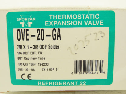 Sporlan OVE-20-GA Thermostatic Expansion Valve 7/8 x 1-3/8 ODF 60" Capillary