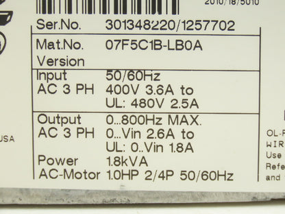 KEB 07F5C1B-LB0A Combivert 1Hp AC Drive Frequency Inverter 400VAC 1.8kVA 0-800Hz
