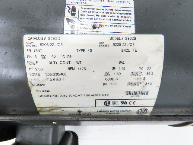 Emerson S932B AC Motor 2Hp 1175 RPM 230/460V 3PH 184T Frame 1-1/8" Shaft
