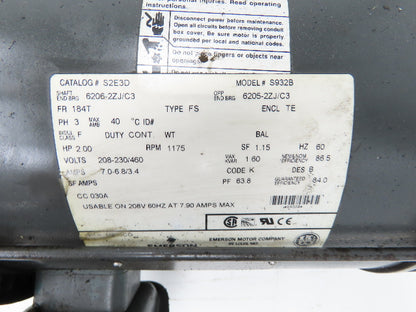 Emerson S932B AC Motor 2Hp 1175 RPM 230/460V 3PH 184T Frame 1-1/8" Shaft