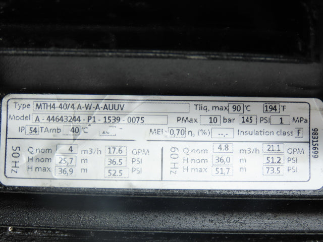Grundfos MTH4-40/4 A-W-A-AUUV Coolant Pump 26GPM 2Hp 230/400V 3PH 3/4"NPT READ