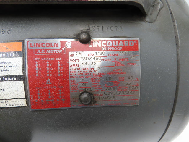Lincoln Electric Lincguard AC Motor 25Hp 1750 RPM 230/460V 3PH 284T Dripproof