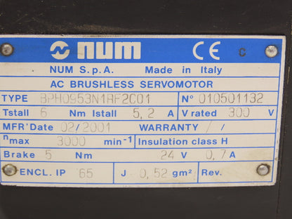 NUM BPH0953N1RF2C01 Brushless AC Servo Motor 3000 RPM 6Nm 5.2A 300V 24V Brake