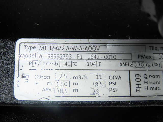 Grundfos MTH2-6/2 A-W-A-AQQV Coolant Pump 13.2GPM 0.55kw 230/400V 3PH 3/4"NPT