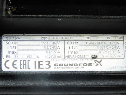 Grundfos MTH2-6/6 A-W-A-AQQV Immersion Coolant Pump 13gpm .75kw 230V 3PH