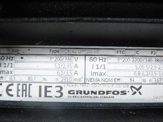 Grundfos MTH2-6/6 A-W-A-AQQV Immersion Coolant Pump 13gpm .75kw 230V 3PH