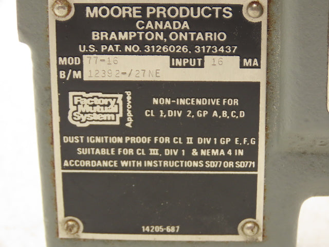 Siemens/Moore 77-16 Pressure Transducer 4-20 mA Input to 3-15 PSIG Output