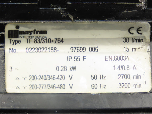 Mayfran TF 83/310+764 Coolant Pump 30 LPM 0.28kw 480V 3PH 3/4"NPT
