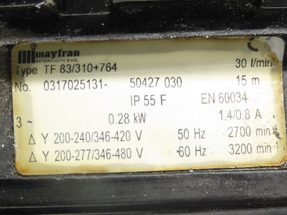 Mayfran TF 83/310+764 Coolant Pump 30 LPM 0.28kw 480V 3PH 3/4"NPT