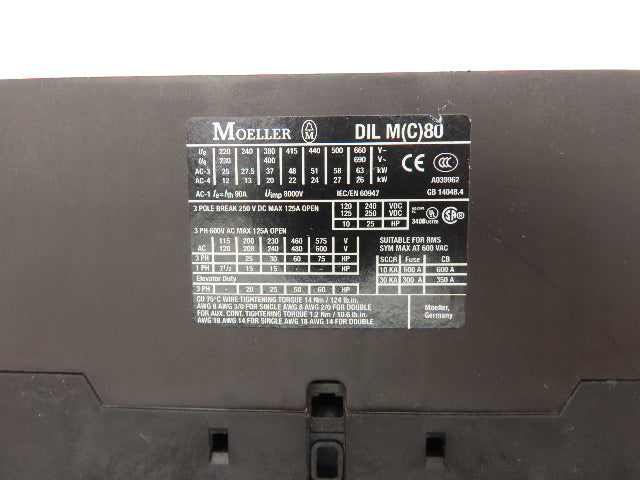 Klockner Moeller DIL MC80 Motor Starter Contactor 75Hp 600A 600V 3Ph