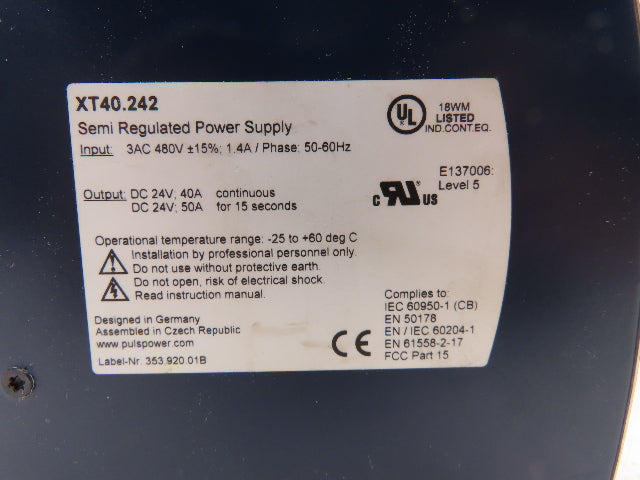 Puls Dimension XT40.242 PLC Semi Regulated Power Supply 3PH 24V 40A Lot of 2