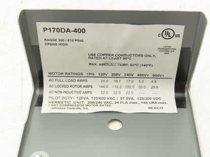 Johnson Controls P170DA-400 SPST Pressure Control Switch Single Pole 610 psi
