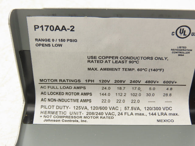 Johnson Controls P170AA-2 SPST Pressure Control Switch Single Pole 150 psi
