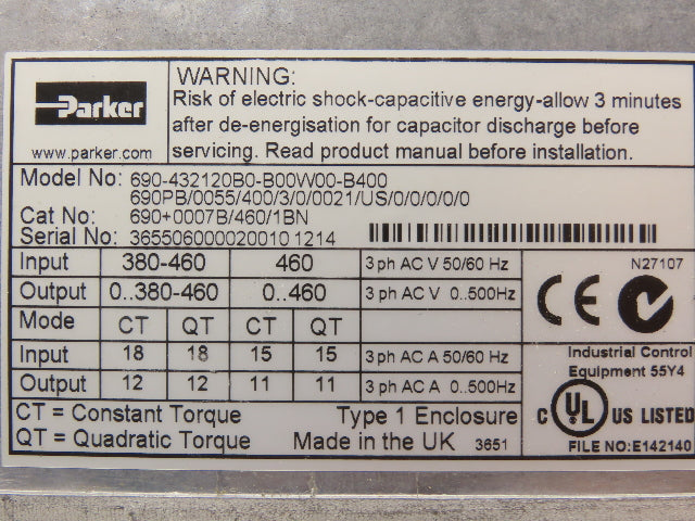 Parker 690-432120B0-B00W00-B400 Servo Drive Inverter 7.5Hp 460V 3Ph