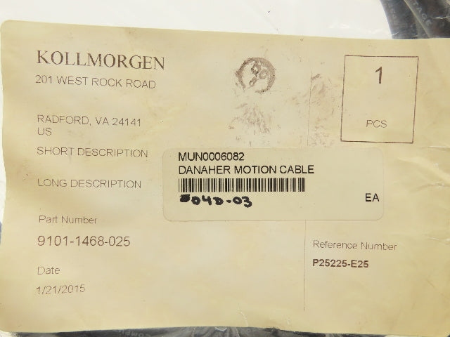 Kollmorgen 9101-1468-025 Servo Motor Encoder Feedback Cable 25' Length Rev 9