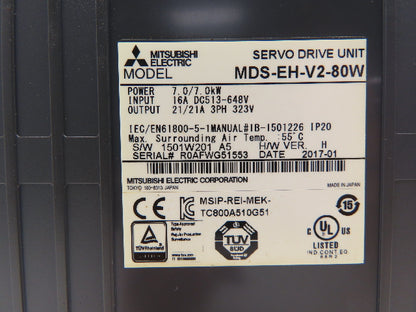 Mitsubishi MDS-EH-V2-80W 2-Axis AC Servo Drive Unit 7.0kW 21A 3ph 323V HW Ver H