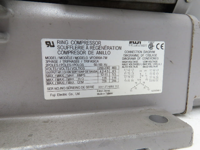 Fuji VFC600A-7W Ring Compressor Regenerative Blower 206cfm 4.5Hp 230/460V 2" NPT