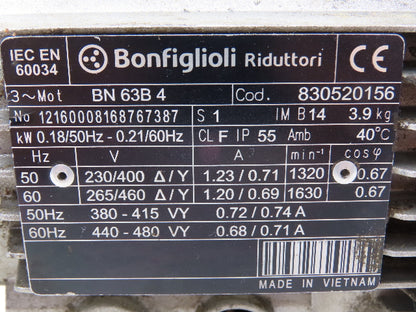 Bonfiglioli BN63B4 Gearmotor .21kw 10:1 Ratio 230/480V Hollow Shaft VF30P110