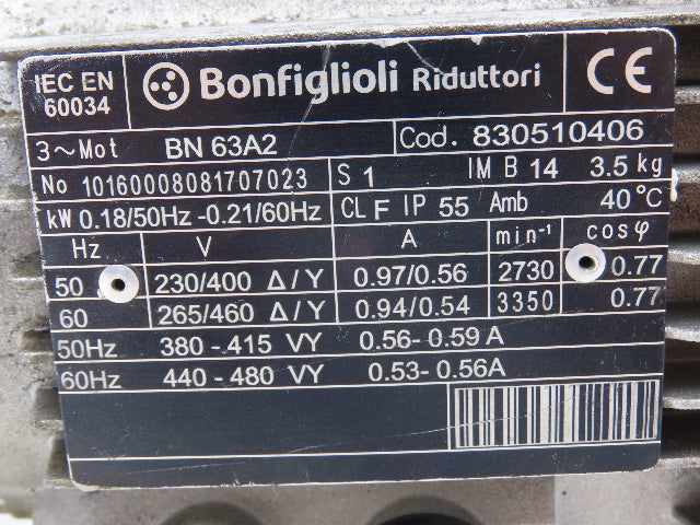 Bonfiglioli BN63A2 Gearmotor .21kw 40:1 Ratio 230/480V Hollow Shaft VF30P140P63