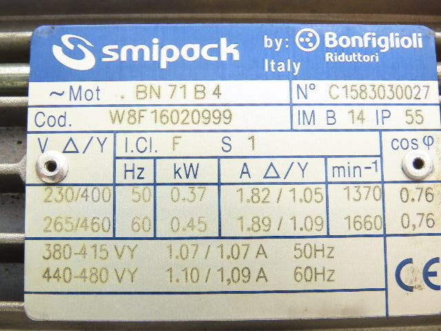 Bonfiglioli BN71B4 Gearmotor .45kw 230/480V 14:1 Ratio Hollow Shaft VF44P1P71B14