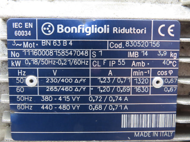 Bonfiglioli BN63B4 Gearmotor .21kw 40:1 Ratio 230/480V Hollow Shaft