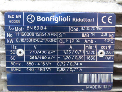 Bonfiglioli BN63B4 Gearmotor .21kw 40:1 Ratio 230/480V Hollow Shaft