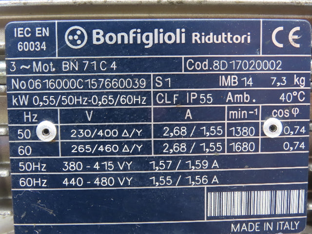 Bonfiglioli BN71C4 Gearmotor .65kw 230/480V 14:1 Hollow Shaft VF44P114P71B14