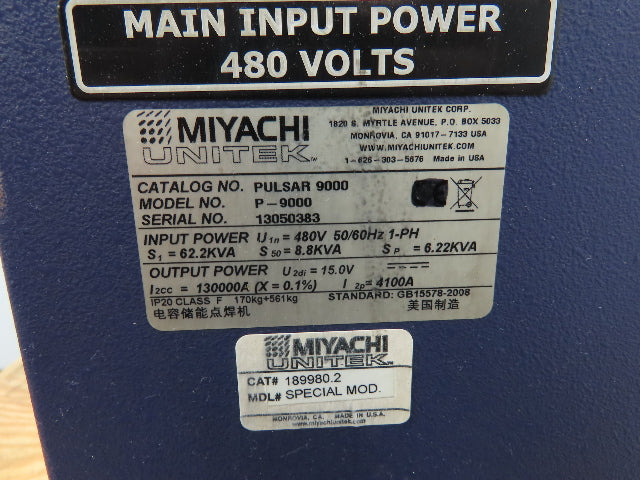 Unitek Miyachi Amada P-9000 Pulsar 9000 Welding Power Supply 480V 1PH