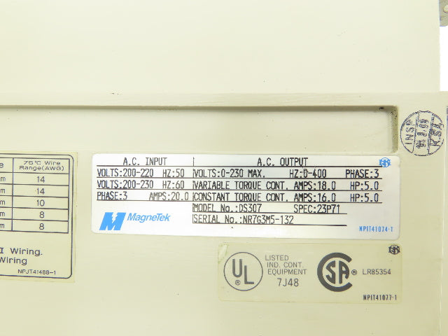 Magnetek GPD 503 DS307 AC Frequency Inverter Drive 5Hp 200-230VAC 20A 3Ph 23P71