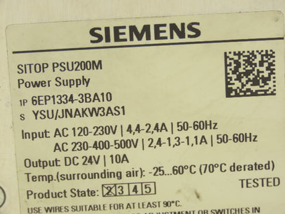 Siemens 6EP1334-3BA10 SITOP PSU200M 10A 24V Power Supply 120-500V Input