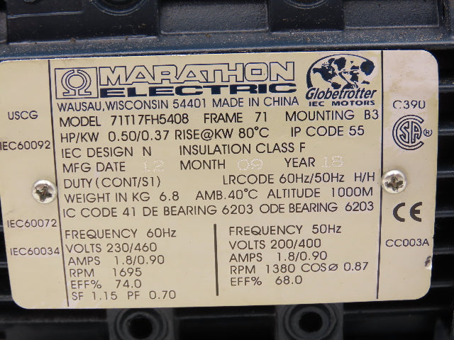 Marathon 71T17FH5408 Pump Motor .5Hp 1695 RPM 230/460V 3PH IEC 71 1/4"NPT Steel