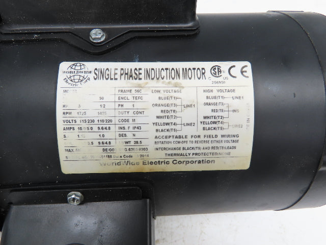 World Wide AC Motor 3/4Hp 1 Ph 1725 RPM 120/240 VAC 10.0/5.0 A 56C 5/8" Shaft