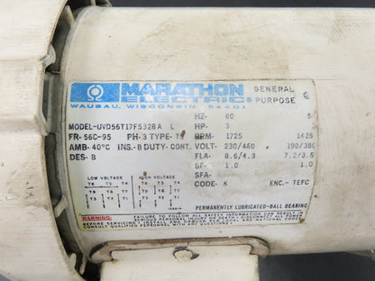 Marathon Electric UVD56T17F5328A AC Motor 3Hp 1725 RPM 230/460VAC 3PH 60Hz 56C