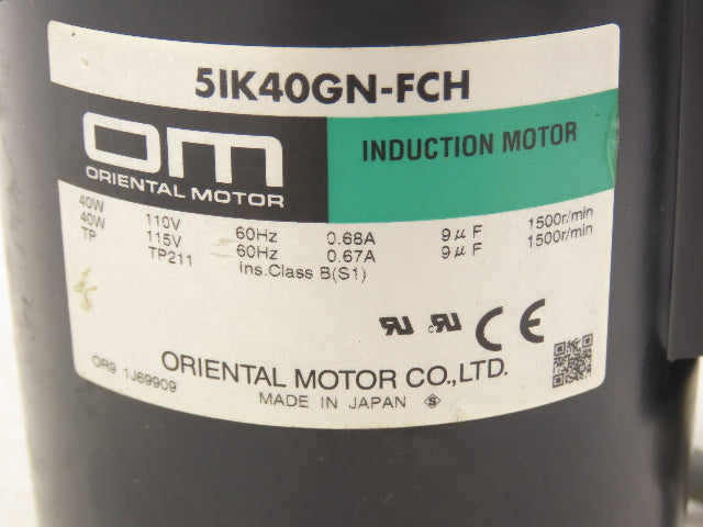 Oriental Motor 5IK40GN-FCH Gearmotor 40W 115V 50:1 Gearhead 30rpm 5GN50KA