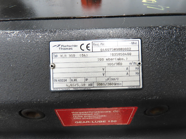 Reitschie Thomas Rotary Claw Vacuum Pump 212 CFM 7.5Hp 230/460V 3PH