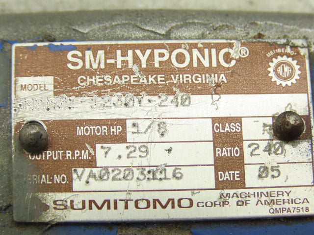 Sumitomo TC-EX RNYM01-1230Y-240 Gearmotor 240:1 7.2rpm 230/460V 3PH Hollow Shaft