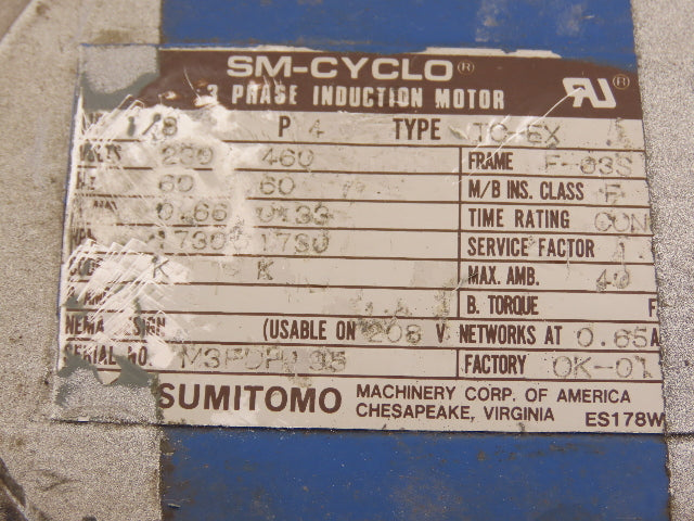 Sumitomo TC-EX RNYM01-1230Y-240 Gearmotor 240:1 7.2rpm 230/460V 3PH Hollow Shaft