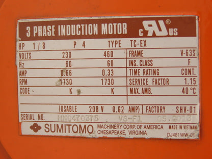 Sumitomo RNYM01-1230YA-80 TC-EX Gearmotor 80:1 22rpm 230/460V 3PH Hollow Shaft