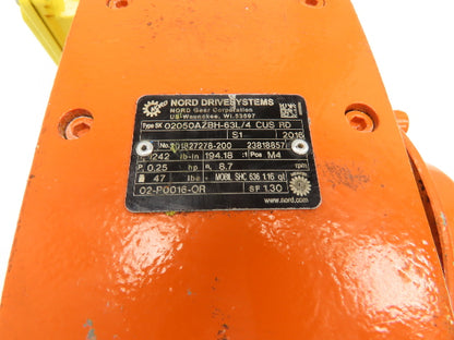 Nord SK 02050AZBH-63L/4 Gearmotor 194:1 Ratio 8.7rpm 480/575V 3PH Hollow Shaft