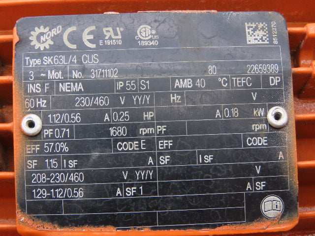 Nord SK 02040AZBH-63L/4 Gearmotor 99:1 Ratio 16.9rpm 230/460V 3PH Hollow Shaft
