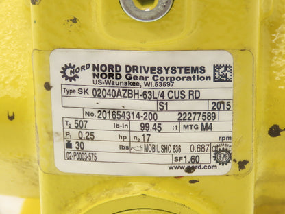 Nord SK 02040AZBH-63L/4 Gearmotor 99:1 Ratio 16.9rpm 230/460V 3PH Hollow Shaft