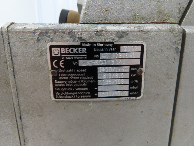 Becker KDT 3.140 Oil-less Vacuum Pump 8.5kw 90cfm 158m³/h 1500mbar 230/460V 3PH