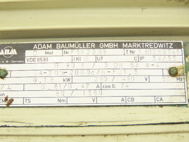 ABM G80F/3.DB 63 a-4 Inline Gearmotor .18kw 1560/80 RPM 280/480V 3PH IEC 63