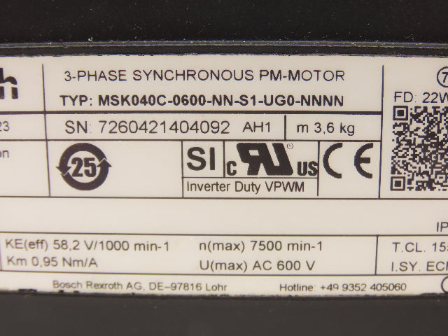 Rexroth MSK040C-0600-NN-S1-UG0-NNNN IndraDyn S Synchronous Servo Motor 600V 3PH