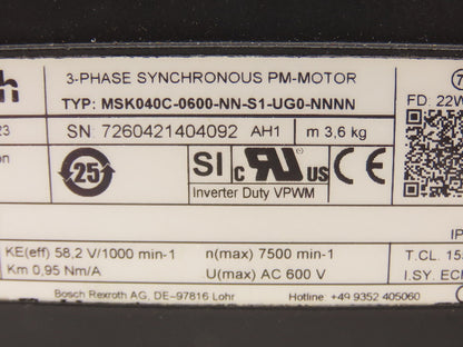 Rexroth MSK040C-0600-NN-S1-UG0-NNNN IndraDyn S Synchronous Servo Motor 600V 3PH