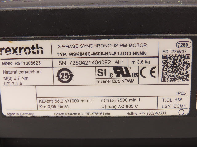 Rexroth MSK040C-0600-NN-S1-UG0-NNNN IndraDyn S Synchronous Servo Motor 600V 3PH