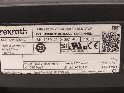 Rexroth MSK040C-0600-NN-S1-UG0-NNNN IndraDyn S Synchronous Servo Motor 600V 3PH