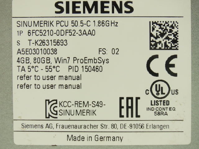 Siemens 6FC5210-0DF52-3AA0 Sinumerik PCU 50.5-C 1.86GHz 4GB Win7 Pro EmbSys