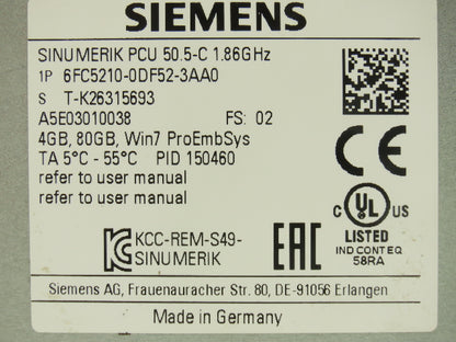Siemens 6FC5210-0DF52-3AA0 Sinumerik PCU 50.5-C 1.86GHz 4GB Win7 Pro EmbSys