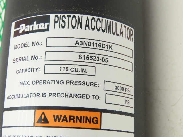 Parker A3N0116D1K Hydraulic Piston Accumulator 3000 PSI 3" Bore x 21-1/2"Cyl